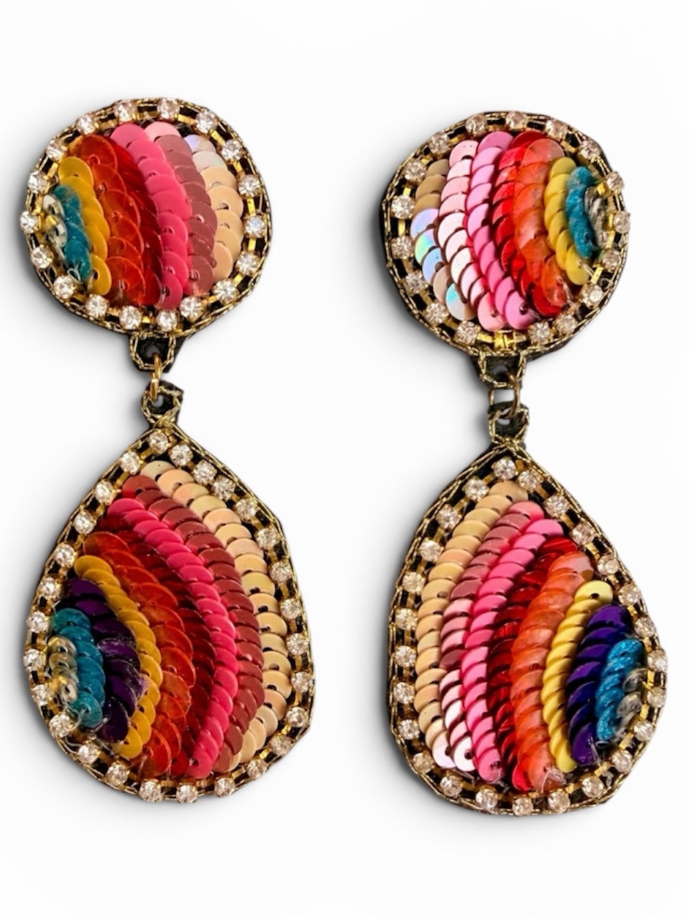 Rainbow Multicolor Sequin Teardrop Drop Earrings Festival Statement Jewelry